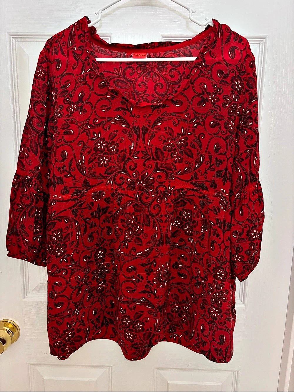 Tianello Printed Blouse Floral Long Sleeve Blouse in Red & Black Size Large